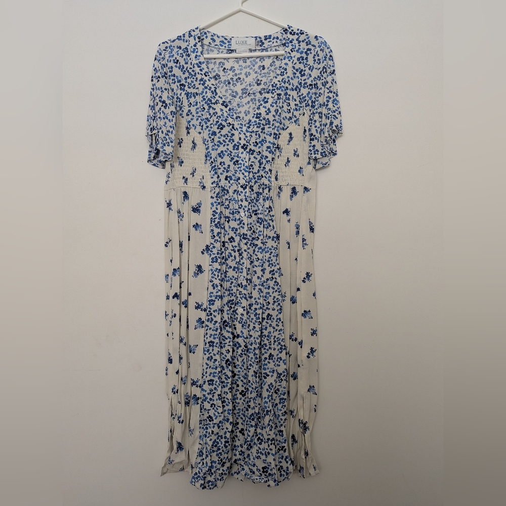 Seraphine Blue and White Maxi Sundress with Flutter Sleeves